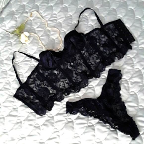 90s La Perla Bustier & Thong, Pleated (Plisse), Dark Navy, Sz 32 & 2  ITALY - Picture 3 of 16